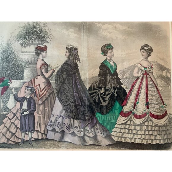Antique Victorian Fashion Print Art Decorative Matte 1850's 14" x 12" Decor 7413 - Picture 2 of 11